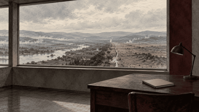 An empty monitoring room with a desk, notebook, and unlit lamp overlooks a divided landscape through a wide window.