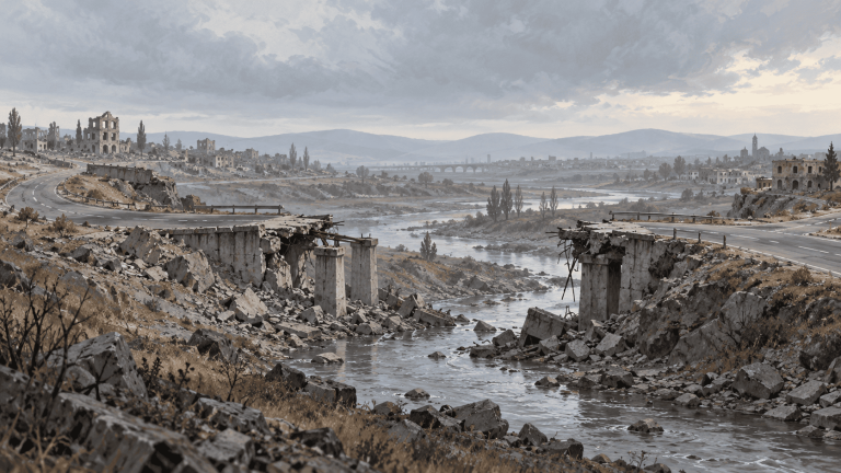 Illustration of two roads ending at a broken crossing above a river in a damaged landscape.