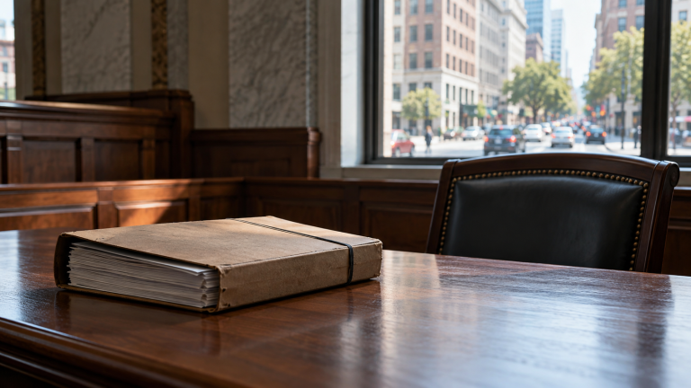 Closed case file on a courtroom table beside an empty chair, with a city street visible outside.