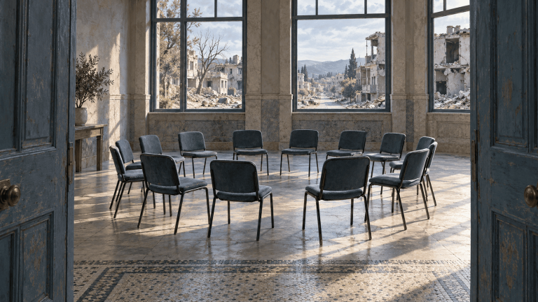 Empty chairs arranged in a circle inside a public hall, with a damaged street visible through the windows.