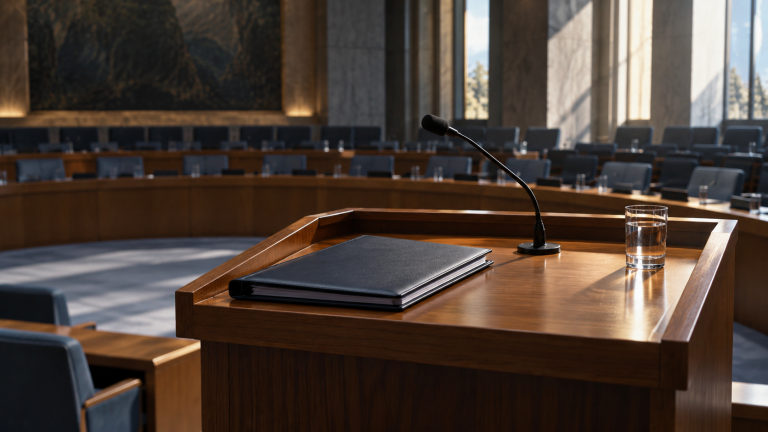 Empty wooden lectern with a microphone and closed folder in a meeting chamber.