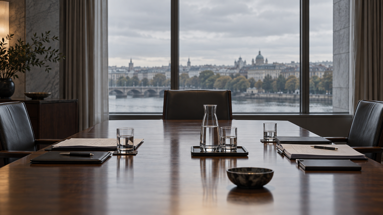 Empty chair at a conference table with papers and water glasses in an unoccupied meeting room.