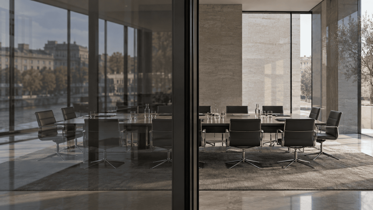 Empty meeting room with a wooden conference table and identical chairs, viewed through adjoining glass panes with differing reflections.