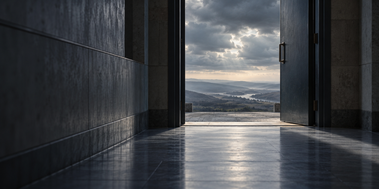 An empty dark corridor ends at a half-open door overlooking a distant landscape.