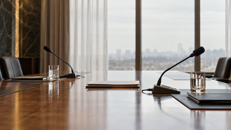 Two microphones on opposite sides of an empty meeting table, with closed papers between them.
