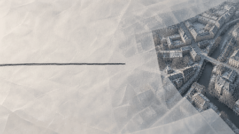 A dark line ends on translucent paper before reaching a city visible beneath it.
