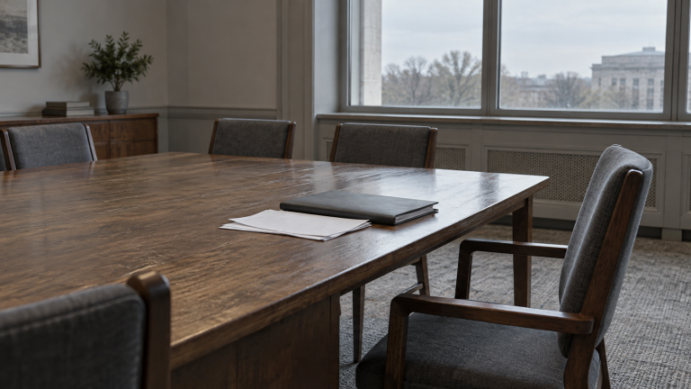 Empty meeting room with a wooden table, a pulled-back chair, and a closed folder beside unmarked papers in soft daylight.