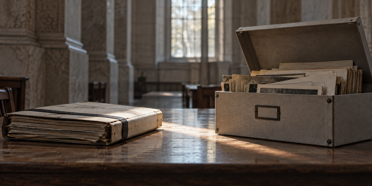 A bound case file lies beside an open box of archival records on a wooden table.