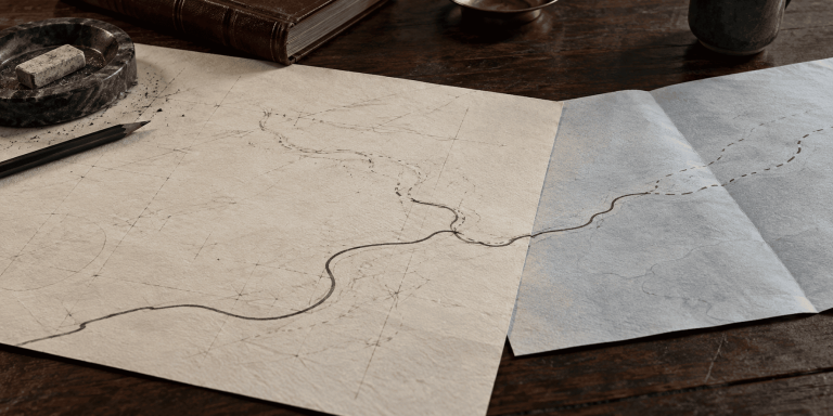 Curving graphite boundary with faint erased lines across pale paper and a partly unfolded sheet on a dark wooden table.