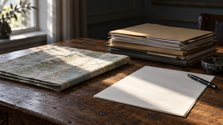 Folded map, stack of case files, and blank document on a wooden table in sunlight.
