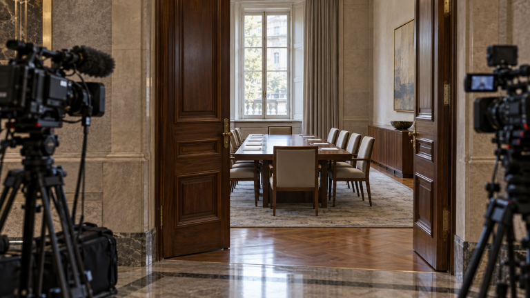 Two press cameras on tripods stand outside open wooden doors leading to an empty meeting room with a table and matching chairs.