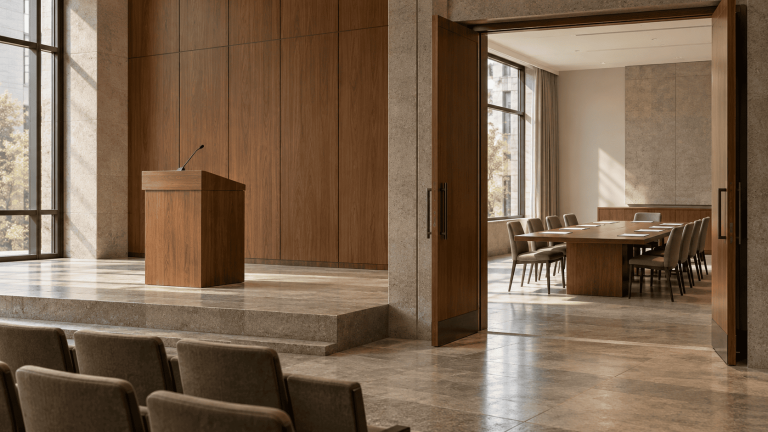 Empty wooden podium beside an open doorway revealing a meeting table with identical chairs and papers.