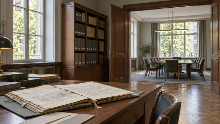 Open historical file on a wooden desk in an archive reading room, with a meeting table and chairs visible through a broad doorway.